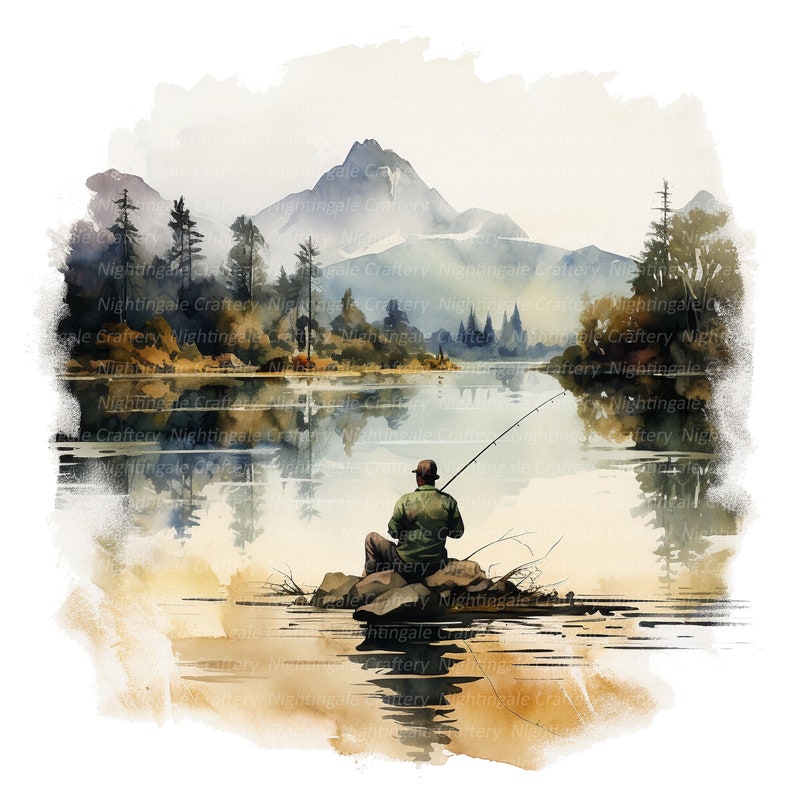 May include: A watercolor painting of a person fishing on a lake in front of a mountain range. The sky is a light blue with white clouds. The lake is a light blue with a reflection of the mountains. The person is wearing a green shirt and a hat. The fishing rod is in the water.