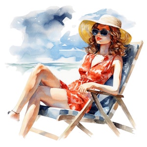 9 Clipart donna sulla spiaggia, donna che prende il sole, clipart acquerello stampabile, JPG di alta qualità, download digitale, artigianato con la carta, diari spazzatura