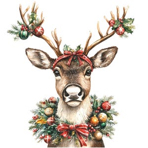 11 Clipart de cerf de Noël, renne décoré, clipart aquarelle imprimable, JPG de haute qualité, téléchargement numérique, créations en papier, carte de Noël