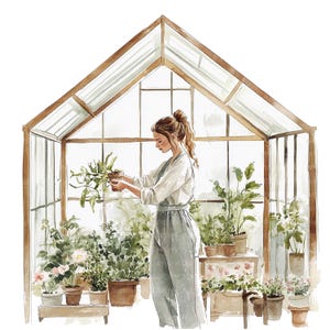 9 imágenes prediseñadas de invernadero moderno, mujer floral, imágenes prediseñadas de acuarela imprimibles, archivos JPG de alta calidad, descarga digital, manualidades de papel, diario basura
