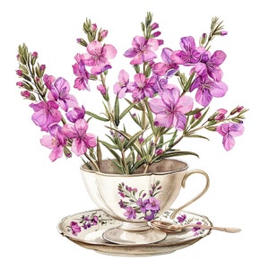 10 Clipart di Epilobio in una tazza da tè, Tazza da tè floreale, Clipart acquerello stampabile, JPG di alta qualità, Download digitale, Carta artigianale, Diario di scarto