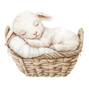 10 Lamb In Cradle Clipart, Nursery Lamb, Printable Watercolor clipart, High Quality JPGs, Digital download, Paper craft, junk journals