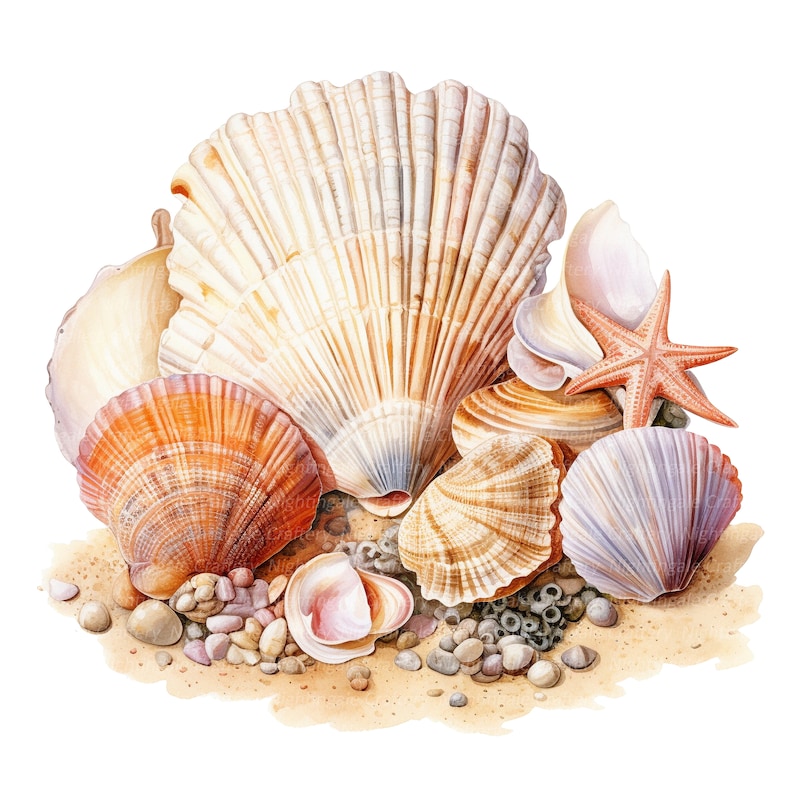 May include: A collection of seashells in various shapes, sizes, and colors, including a large scallop shell, a starfish, and several smaller shells. The shells are arranged on a bed of sand and small pebbles.