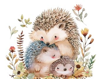 9 Hedgehog Family Cartoon Clipart, Boho Hedgehog, Printable Watercolor clipart, High Quality JPG/PNG, Digital download, Paper craft, journal