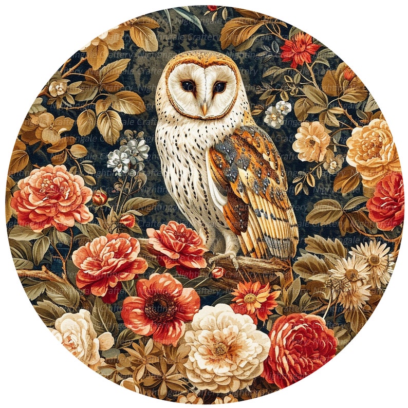 Peut inclure: Un hibou des granges blanc et brun perch&eacute; sur une branche entour&eacute;e de fleurs rouges, blanches et jaunes. Le hibou a un &oelig;il fonc&eacute; et un motif de plumes d&eacute;taill&eacute;.