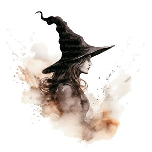 May include: A watercolor painting of a witch with long brown hair wearing a black pointed hat. The witch is facing to the right and has a serious expression on her face. The background is a light brown watercolor wash.