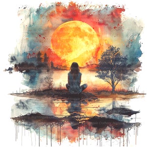 Puede incluir: Pintura a la acuarela de una persona sentada junto a un lago, frente a una gran luna amarilla brillante. La escena incluye &aacute;rboles, reflejos en el agua y un cielo colorido con tonos rojos, naranjas y azules. La obra tiene una cualidad so&ntilde;adora y serena.