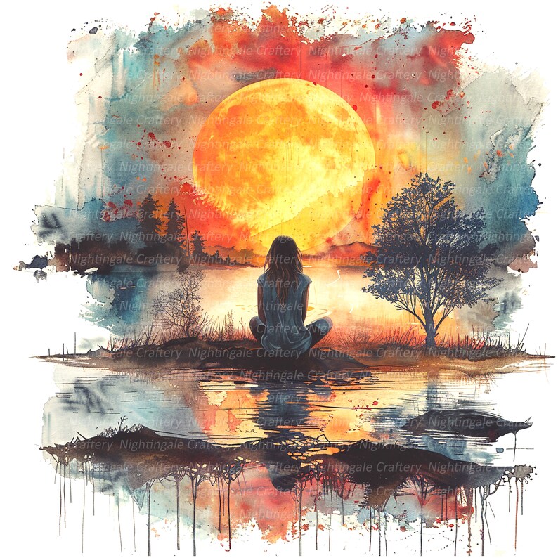 Puede incluir: Pintura a la acuarela de una persona sentada junto a un lago, frente a una gran luna amarilla brillante. La escena incluye &aacute;rboles, reflejos en el agua y un cielo colorido con tonos rojos, naranjas y azules. La obra tiene una cualidad so&ntilde;adora y serena.