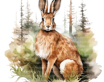 Hare in Forest Clipart, Printable Watercolor clipart, 12 High Quality JPGs, Digital download, Paper crafts, junk journals