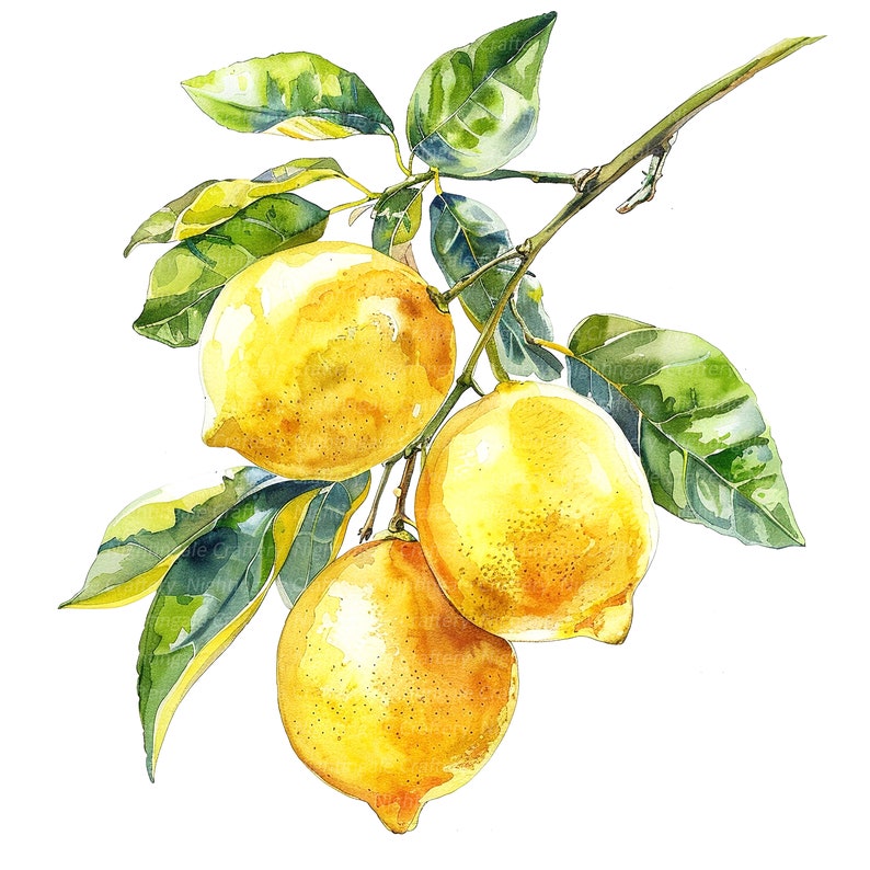 May include: A watercolor painting of three yellow lemons hanging from a branch with green leaves.
