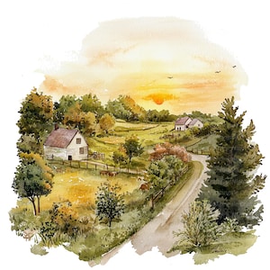 13 boerenerf landschap clipart, platteland muurkunst, afdrukbare aquarel clipart, hoge kwaliteit jpg's, digitale download, Papercraft