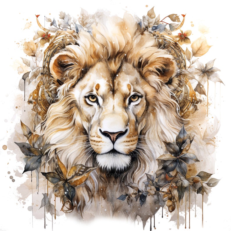 May include: A watercolor painting of a lion's head with a golden crown and autumn leaves. The lion has a light brown coat and a serious expression. The background is a soft brown with splashes of gold and white.