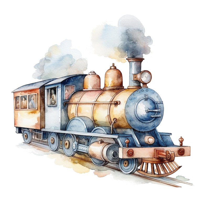 10 Cartoon Locomotives Clipart, Antique Train, Printable Watercolor clipart, High Quality JPGs, Digital download, Paper craft, junk journal image 9