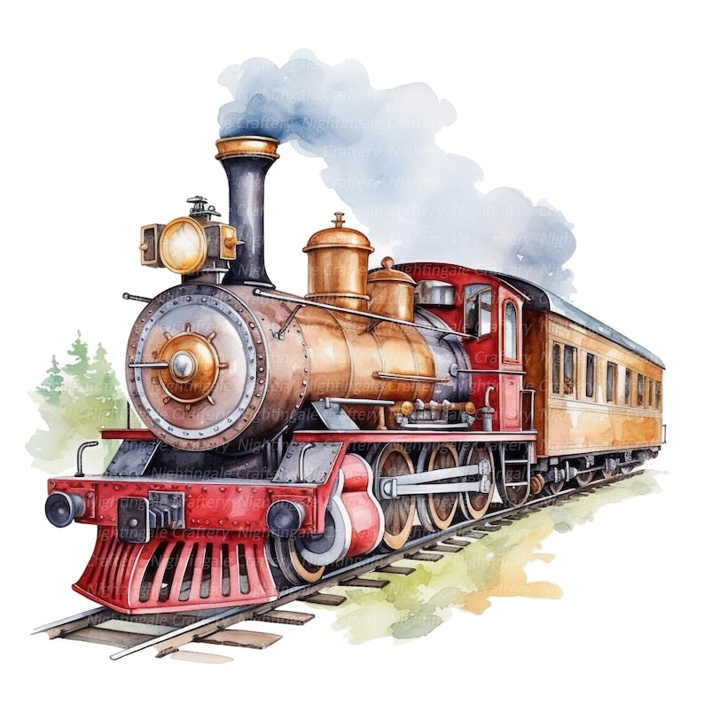 10 Cartoon Locomotives Clipart, Antique Train, Printable Watercolor clipart, High Quality JPGs, Digital download, Paper craft, junk journal image 6