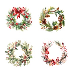 22 Pretty Christmas Wreath Clipart, Digital Clipart, Watercolor clipart, High Quality JPGs, Printable clipart, Digital download, Paper craft