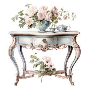 12 Vintage Floral Table Clipart, Shabby Chic, Printable Watercolor ...