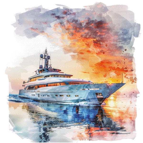 9 Luxusyacht im Sonnenuntergang Clipart, Super Yacht, druckbare Aquarell Clipart, hochwertige JPGs, digitaler Download, Papiermodell, Junk Journals