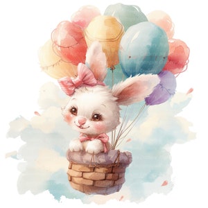 8 cliparts montgolfière, carte d'anniversaire lapin, clipart aquarelle imprimable, fichiers JPG de haute qualité, téléchargement numérique, créations en papier, journaux intimes