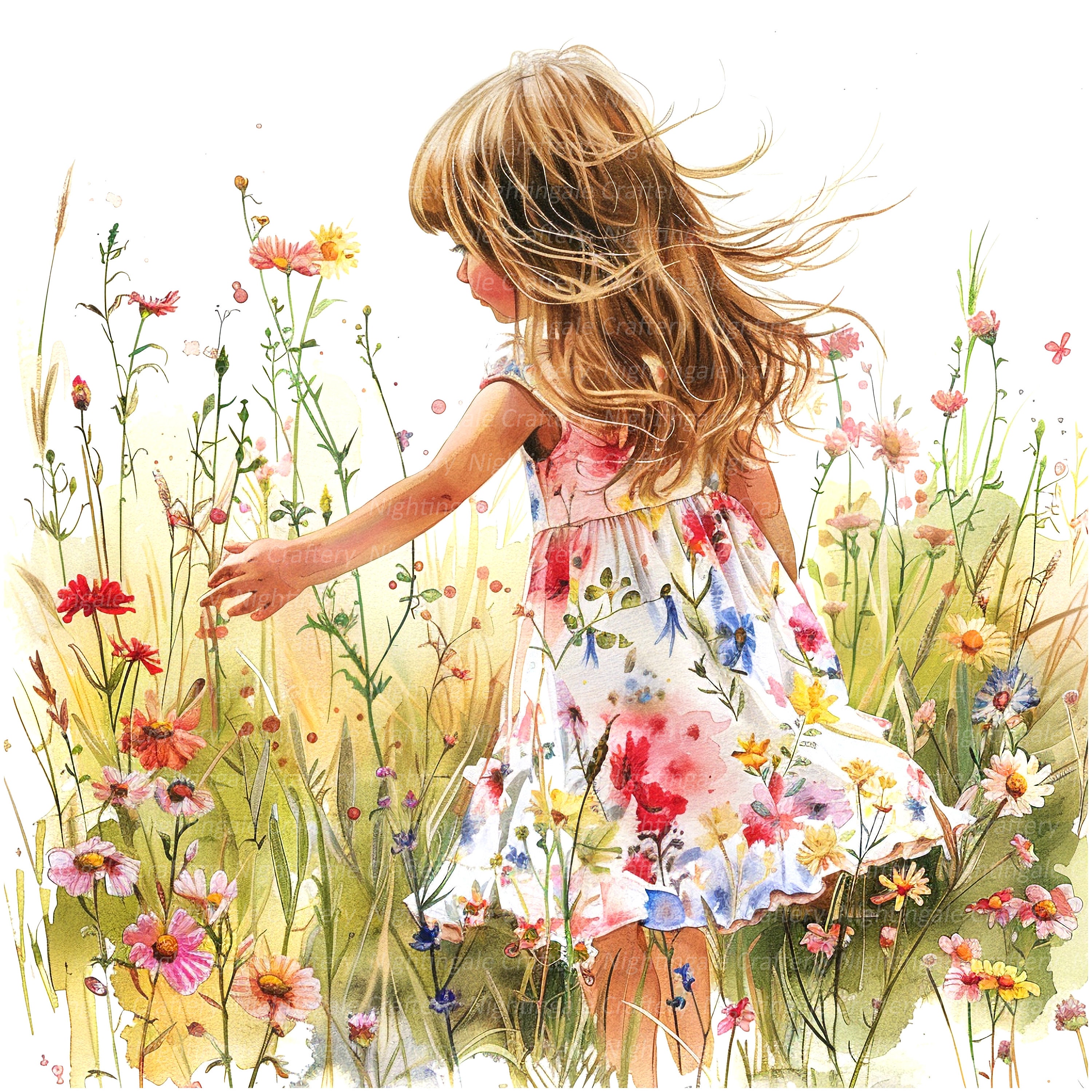 10 Girl in Flowers Clipart, Wildflower Clipart, Printable Watercolor ...