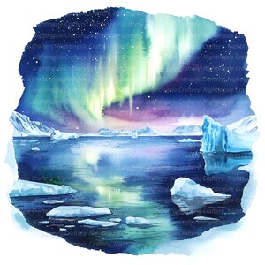 10 Aurora boreale stampabile, Clipart di iceberg, Clipart di acquerelli stampabili, JPG di alta qualità, Download digitale, Carta artigianale, Diario spazzatura