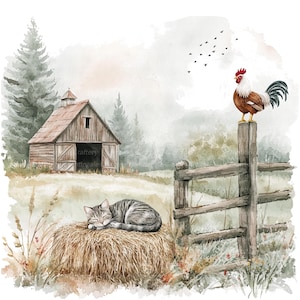 Peut inclure: Une peinture à l'aquarelle représentant une scène rurale avec une grange, un chat dormant sur une botte de foin et un coq perché sur un poteau de clôture. Le ciel est d'un bleu doux avec quelques oiseaux volant au-dessus.