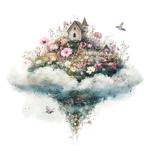 11 Clipart del villaggio, isola galleggiante, casa floreale, clipart acquerello stampabile, JPG di alta qualità, download digitale, artigianato di carta, diario
