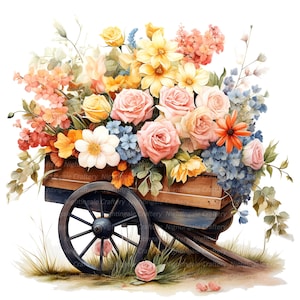 9 Clipart floral brouette, brouette, clipart aquarelle imprimable, fichiers JPG de haute qualité, téléchargement numérique, créations en papier, journaux indésirables