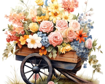 9 Blumen Schubkarre Clipart, Schubkarre, druckbare Aquarell Clipart, hochwertige JPGs, digitaler Download, Papiermodell, Junk Journals