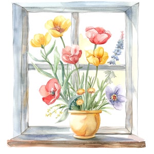 13 Spring Flowers Windows Clipart, Flowerpots, Printable Watercolor ...