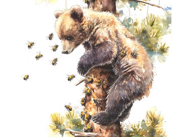 13 Bear and Bees, Bear Honey, Bear Cub clipart, Printable Watercolor clipart, High Quality JPG, Digital download, Paper craft, sublimation