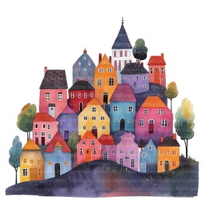 8 Clipart del villaggio, villaggio viola, case colorate, clipart acquerello stampabile, PNG di alta qualità, download digitale, artigianato di carta, diario