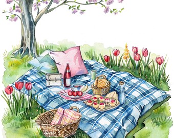 11 Spring Picnic Clipart, Picnic In Park, Printable Watercolor clipart, High Quality PNGs, Digital download, Paper craft, junk journal