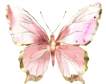 12 Pink Golden Butterfly Clipart, Wall Print, Printable Watercolor clipart, High Quality PNGs, Digital download, Paper craft, junk journals
