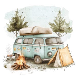 12 imágenes prediseñadas de caravana, furgoneta y tienda de campaña, imágenes prediseñadas de acuarela imprimibles, archivos JPG de alta calidad, descarga digital, manualidades de papel, diarios basura