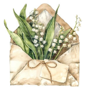 12 Lily of the Valley In Envelope Clipart, Floral Envelope, Printable Watercolor clipart, High Quality JPGs, Digital download, Paper crafts