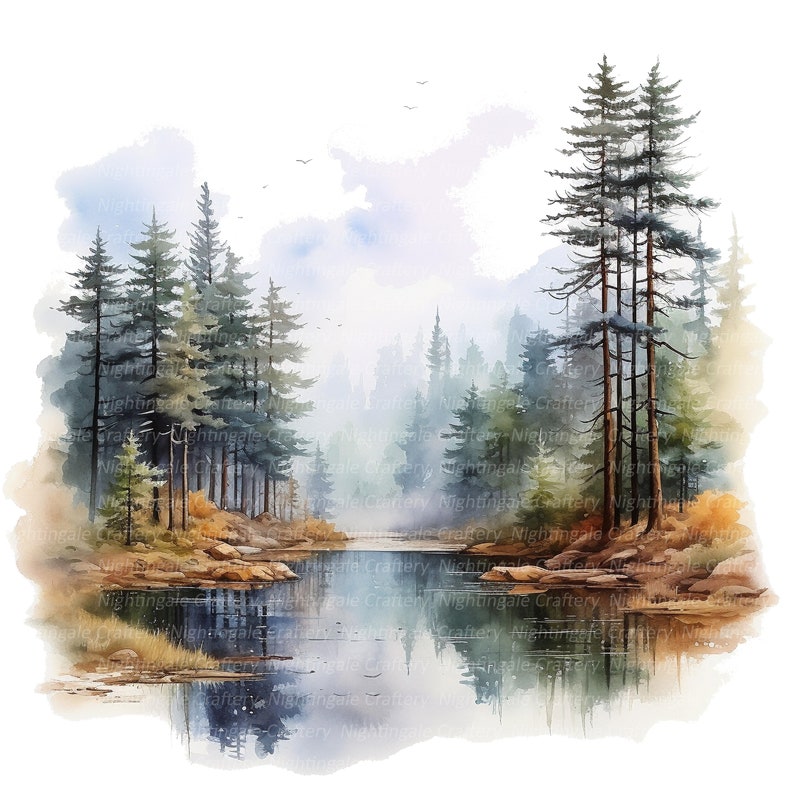 Puede incluir: Una pintura de acuarela de una escena de bosque con un lago en primer plano. Los &aacute;rboles son altos y delgados, con follaje verde. El lago es tranquilo y reflectante, con un cielo azul claro arriba. La pintura est&aacute; hecha en una paleta suave y tenue.