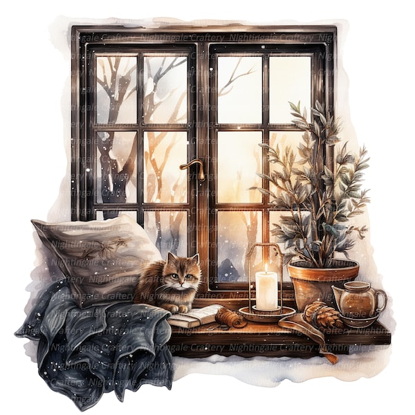 12 verschneite Weihnachten Fenster Clipart, Winter Fensterbank, druckbare Aquarell Clipart, hochwertige JPGs, digitaler Download, Papiermodell