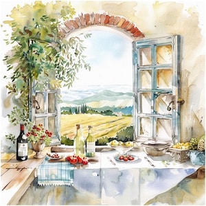 12 clipart de cozinha italiana, janela da Toscana, clipart em aquarela para impressão, PNGs de alta qualidade, download digital, artesanato em papel, diários indesejados
