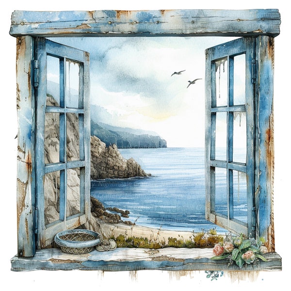 12 imágenes prediseñadas de ventana con vista al mar, imágenes prediseñadas de ventana al mar, imágenes prediseñadas de acuarela imprimibles, JPG de alta calidad, descarga digital, artesanía de papel