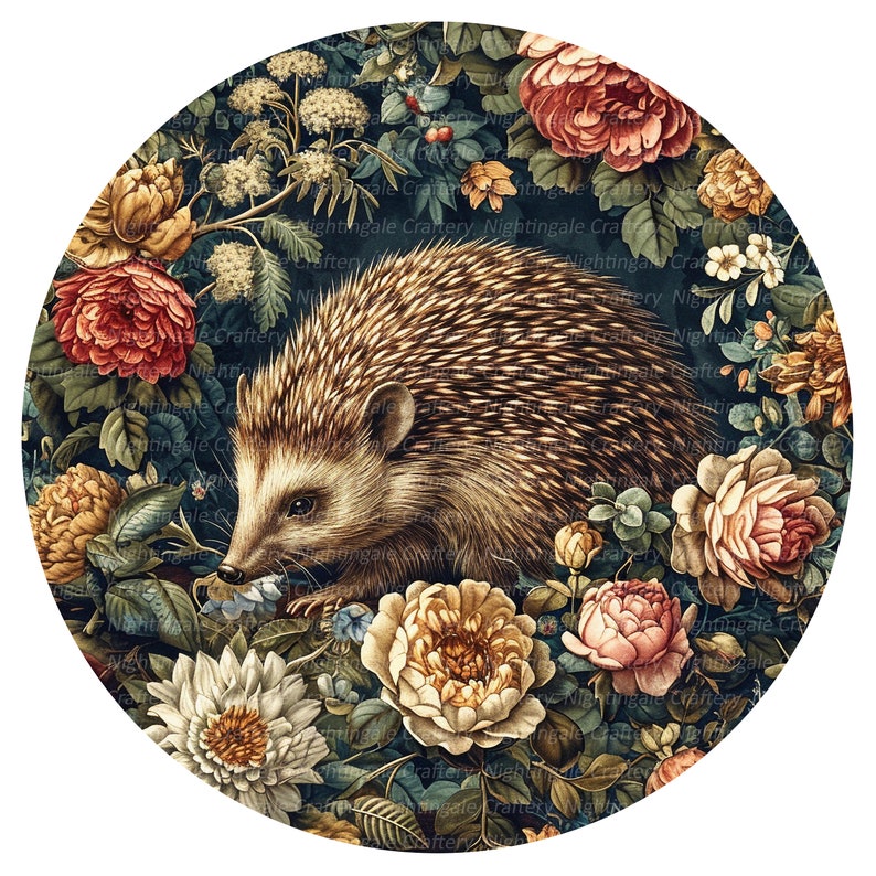 May include: A round illustration of a hedgehog surrounded by colorful flowers and leaves. The hedgehog is brown with a light brown belly and a pointed snout. The flowers are in shades of pink, red, yellow, and white.