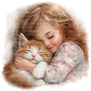 8 Clipart di gattini carini, gattino e ragazza che dormono, clipart di acquerelli stampabili, JPG di alta qualità, download digitale, lavoretti di carta, diario spazzatura