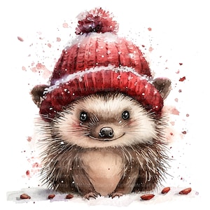 10 Hedgehog Winter Clipart, Hedgehog Bobble Hat, clipart em aquarela para impressão, JPG de alta qualidade, download digital, artesanato em papel, diário de lixo eletrônico