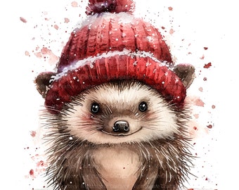 10 Hedgehog Winter Clipart, Hedgehog Bobble Hat, Printable Watercolor clipart, High Quality JPG, Digital download, Paper craft, junk journal