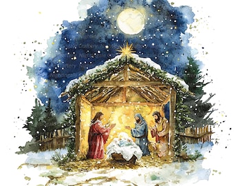 12 Christmas Nativity Scene, Jesus Christmas Card, Printable Watercolor clipart, High Quality PNGs, Digital download, Paper craft, journal
