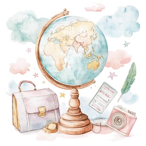11 Reisen Clipart, Globe Clipart, Reise-Set, druckbare Aquarell Clipart, hochwertige JPG, digitaler Download, Papiermodell, Junk Journal