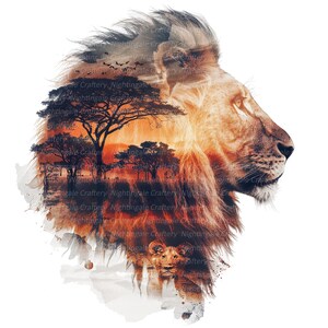 K&ouml;nnte beinhalten: Profil eines L&ouml;wenkopfes mit einem &uuml;berlagerten afrikanischen Savannenlandschaft, einschlie&szlig;lich B&auml;umen und Sonnenuntergang. Das Bild zeigt ein L&ouml;wenjunges und V&ouml;gel in warmen Orange- und Braunt&ouml;nen.
