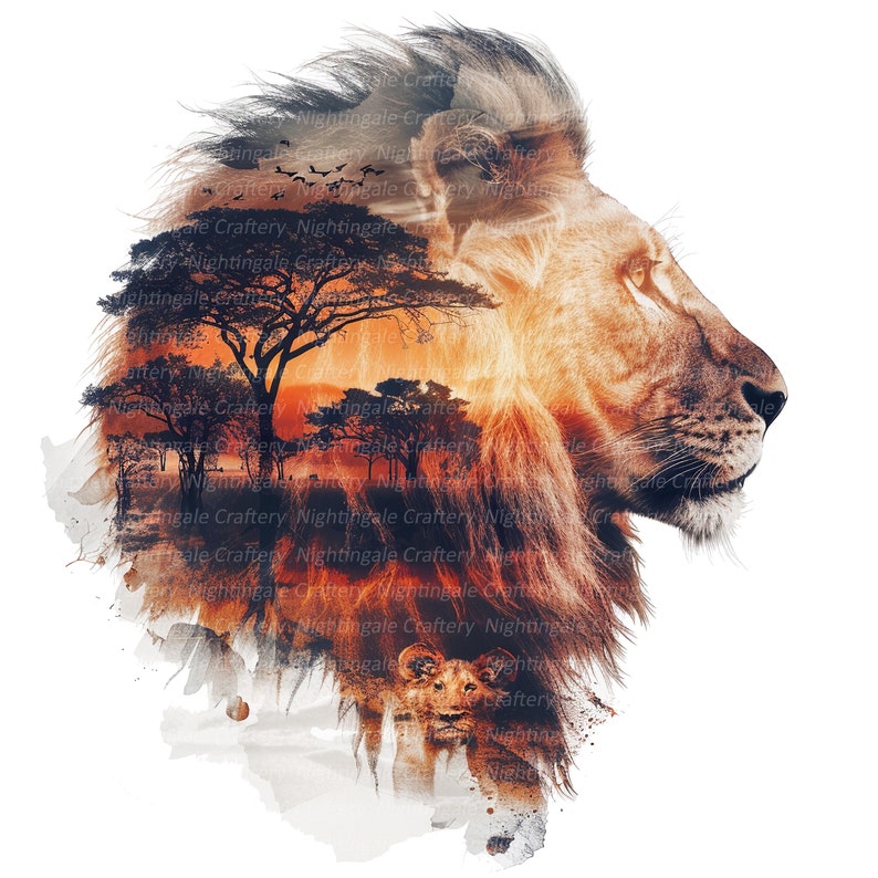 K&ouml;nnte beinhalten: Profil eines L&ouml;wenkopfes mit einem &uuml;berlagerten afrikanischen Savannenlandschaft, einschlie&szlig;lich B&auml;umen und Sonnenuntergang. Das Bild zeigt ein L&ouml;wenjunges und V&ouml;gel in warmen Orange- und Braunt&ouml;nen.