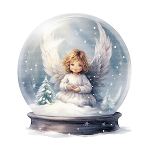 10 Angel Christmas Snow Globe Clipart, Christmas Snowglobe, decorazioni natalizie, Natale ad acquerello, JPG di alta qualità, download digitale