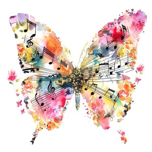 12 Notas musicais de borboleta Clipart, Impressão de parede, Clipart de aquarela para impressão, PNGs de alta qualidade, Download digital, Artesanato em papel, diários de lixo