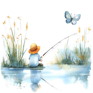 12 clipart de pesca infantil, pesca de menino pequeno, clipart de aquarela para impressão, JPGs de alta qualidade, download digital, artesanato em papel, diário de lixo